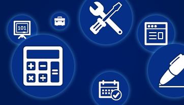 Blue circles with different types of resources like a calculator, screwdriver, wrench, calendar, and pen