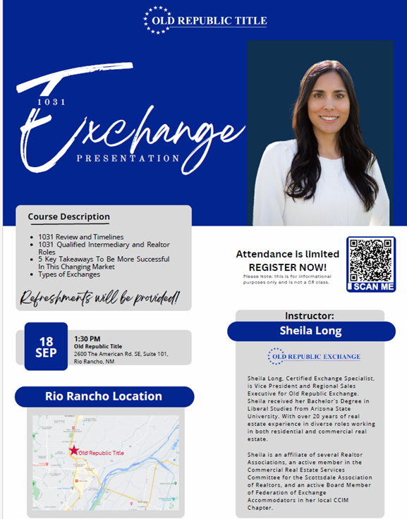 Flyer for the Rio Rancho 1031 Exchange presentation with Guest Speaker Sheila Long