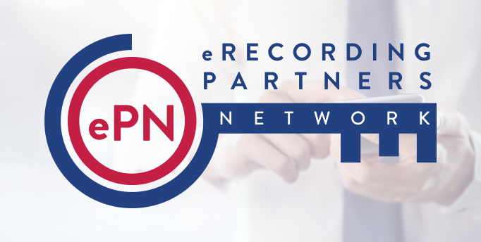 Blue and red key with ePN eRecording Partners Network with man holding a mobile device in the background