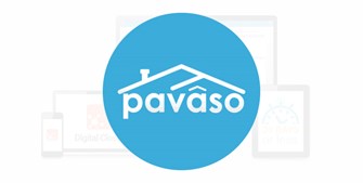 Pavaso white letters with a roof on top inside a blue circle