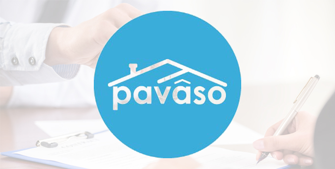 Pavaso white letters with a roof on top inside a blue circle
