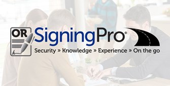 OR Signing Pro logo with Security, knowledge, experience and On the go with a black road 