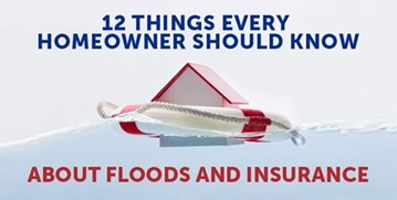 an image of a house on a floaty with the text "12 Things Every Homeowner Should Know About Floods and Insurance"