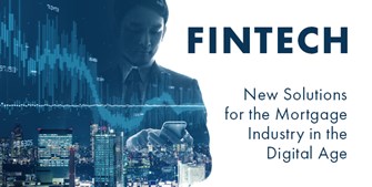 an image of a city with a faded person on their phone and a faded graph line and the text "Fintech", "New Solutions for the Mortgage Industry in the Digital Age"