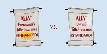 a picture of two scroll one with the text "ALTA Homeowner's Title Insurance (ENHANCED)" the other "ALTA Owner's Title Insurance (STANDARD)' , with the Vs between the two scroll