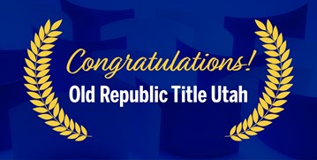 Yellow and white text reads "Congratulations! Old Republic Title Utah" between yellow laurel leaves, over dark blue background.