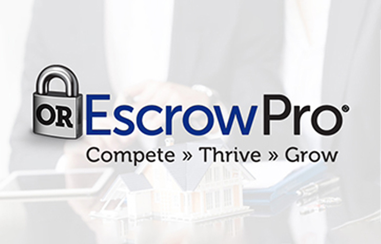 an image of the text "EscrowPro", "Comete, Thrive, Grow" with a lock and OR on it and a faded background of a model house