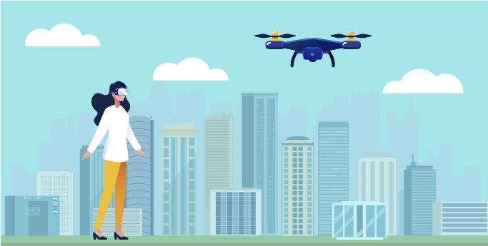 a person with a drone hovering and buildings at the background