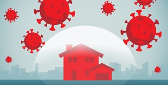 an image of a house with virus looking balls floating around