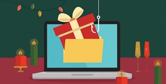 an image of a laptop with a festive background and a present coming out of a file on a fish hook