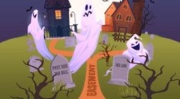 Illustration of ghosts emerging from gravestones in the front yard of two houses.
