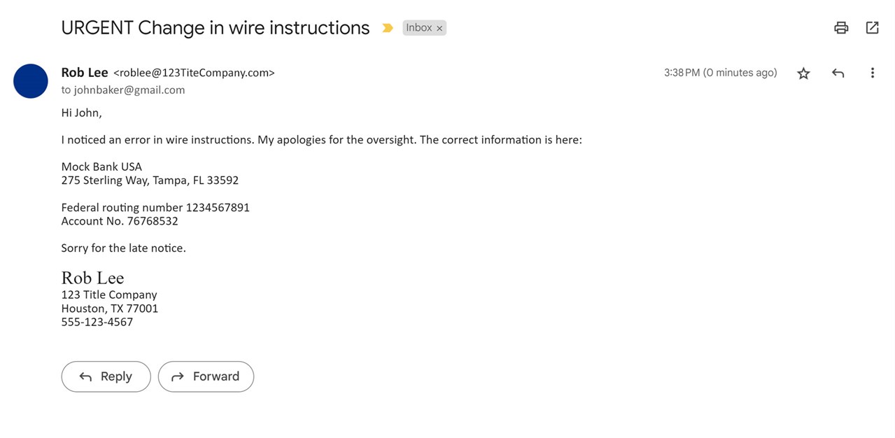 Example of an Imposter Email with the subject "URGENT Change in wire instructions"