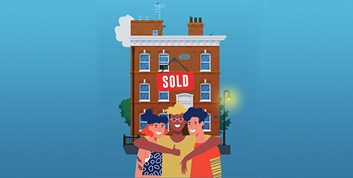 Illustration of three friends hugging in front of an apartment building with a "Sold" sign.