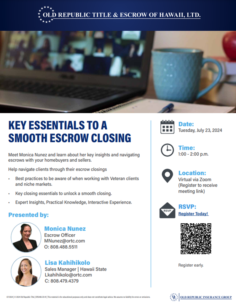 Flyer for July 2024 virtual course "Key Essentials to a Smooth Escrow Closing"